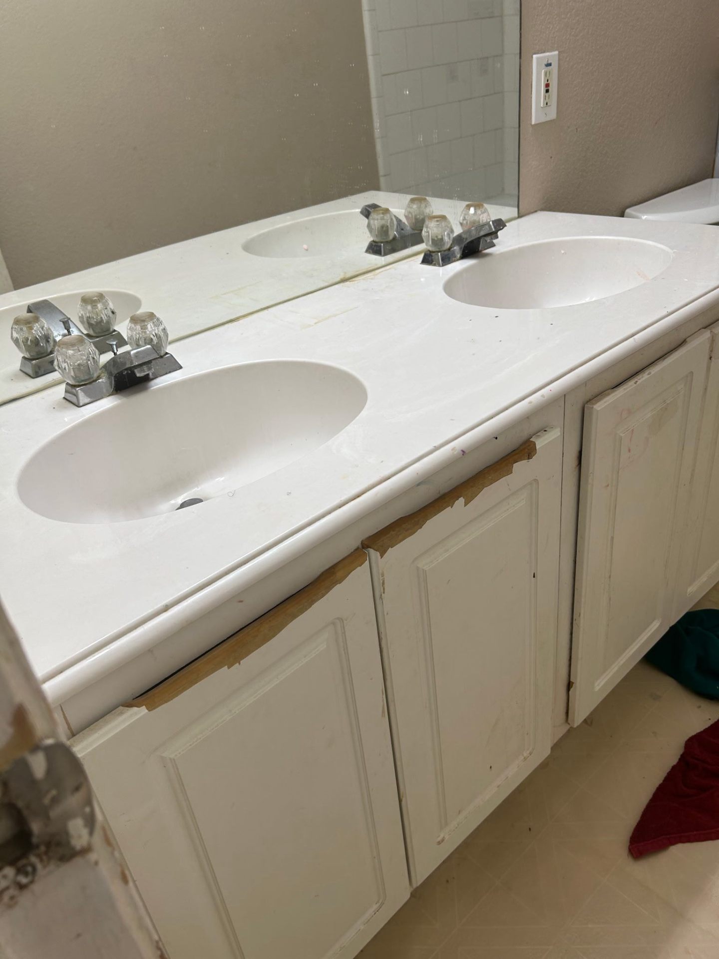Original double-sink vanity prepped for an upcoming remodel